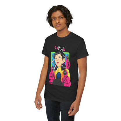 Luxurious unisex graphic T-shirt featuring a striking design inspired by the popular Netflix series, Squid Game, showcasing vibrant colours and an artistic portrayal of a character, perfect for making a bold fashion statement.