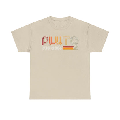PLUTO Retro Graphic Unisex T-Shirt in Soft Cotton featuring a vintage-inspired design with bold typography and celestial motifs, celebrating the iconic planet Pluto from 1930-2006.