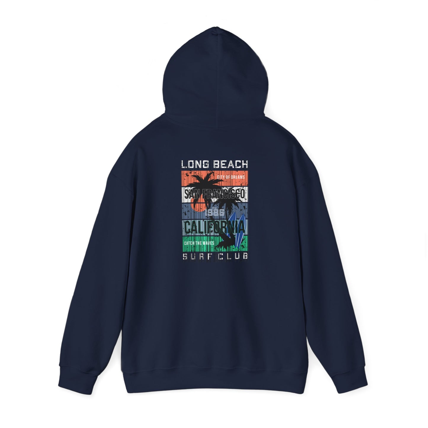Refined navy hoodie featuring a vibrant coastal graphic, including palm trees and bold typography, representing the seaside allure of California.