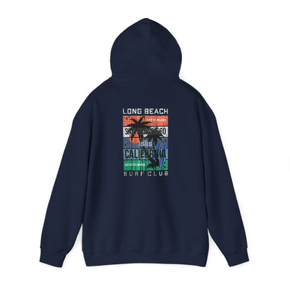 Refined navy hoodie featuring a vibrant coastal graphic, including palm trees and bold typography, representing the seaside allure of California.