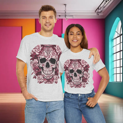 Skulls and Roses Cotton Tee – Unisex Graphic Shirt showcased on a couple, highlighting the edgy steampunk design with vibrant roses, perfect for bold fashion enthusiasts.