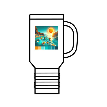Fantasy Paddleboarding 40Oz Insulated Travel Mug showcasing a vibrant design featuring paddleboarding under a vivid sky, designed for outdoor enthusiasts with an ergonomic handle and premium stainless steel construction.