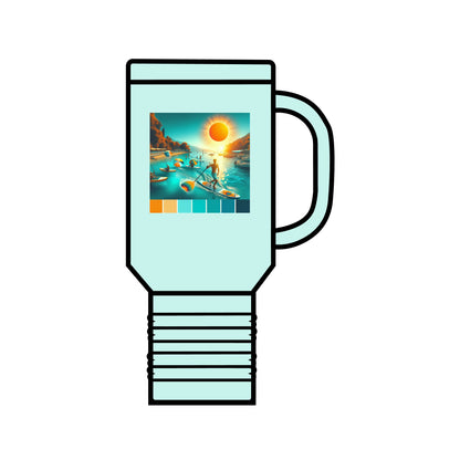 Chic Fantasy Paddleboarding 40Oz Insulated Travel Mug in aqua, adorned with captivating imagery. Ensures drinks stay hot or cold for hours during any outing.