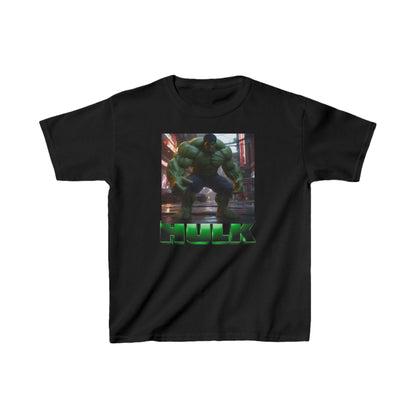 Kids Heavy Cotton Incredible Hulk T-Shirt in black showcasing a striking Hulk graphic, crafted from heavy-duty material for durability.