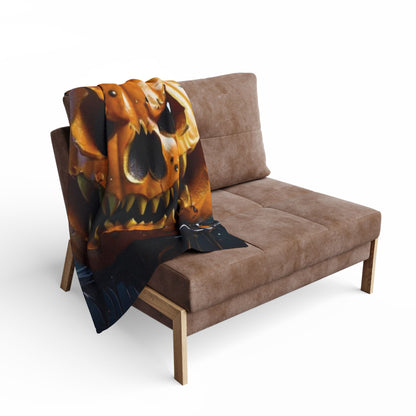 Cozy Decorative and Warm Halloween Spooky Arctic Fleece Blanket draped over a stylish sofa, showcasing intricate jack-o'-lantern design, perfect for adding a luxurious touch to your seasonal decor.