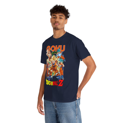 Model wearing the GOKU Power Surge T-Shirt, showcasing a dynamic Dragon Ball Z graphic exuding energy, perfect for fashionable anime lovers looking to express their fandom.