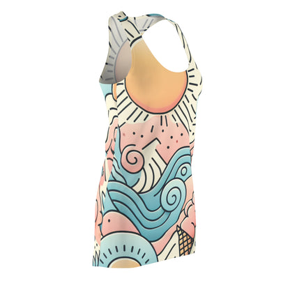 Model wearing the Ariella Phoenix Racerback Dress by Dazzling Dreams Studio, exemplifying luxury summer style and comfort at a garden party.