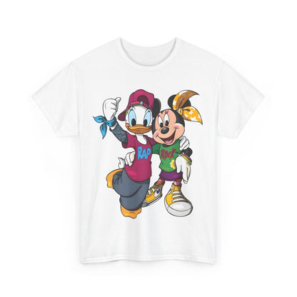 Vibrant front view of the Daisy Duck & Minnie Mouse Unisex Graphic Tee Shirt, showcasing bold graphics and a youthful aesthetic.