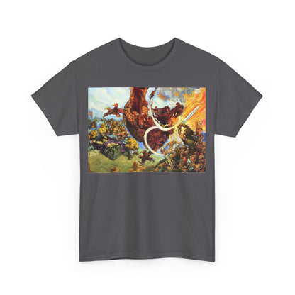 Front view of the exquisite Discworld Guards! Guards! Graphic Unisex T Shirt, featuring a vibrant and intricate illustration inspired by Terry Pratchett's universe.