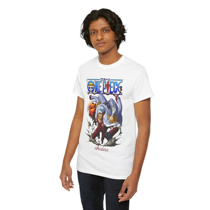Elegant One Piece Akainu T-Shirt displayed on a model, illustrating bold artwork of Akainu in action, ideal for anime enthusiasts desiring high-quality streetwear.