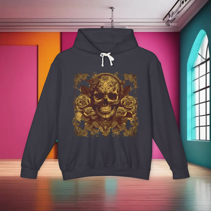 Unisex Lightweight Hooded Sweatshirt featuring a unique designer skull and roses design, displayed in a vibrant setting to illustrate its striking aesthetics.