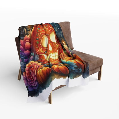 Luxurious decorative Arctic fleece blanket with a vibrant skull design amidst flowers and pumpkins, perfect for an elegant Halloween decor.