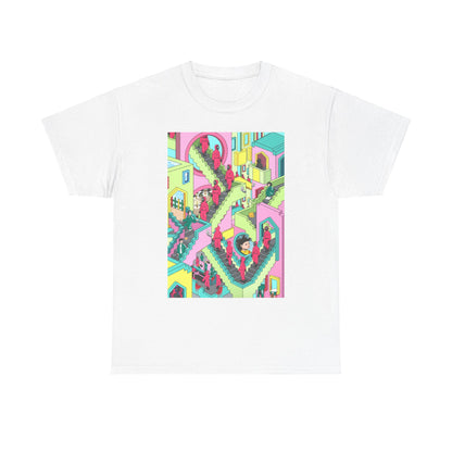 Elegant unisex t-shirt featuring a whimsical and colourful graphic inspired by a surreal setting, perfect for those who appreciate unique fashion statements and modern art aesthetics.