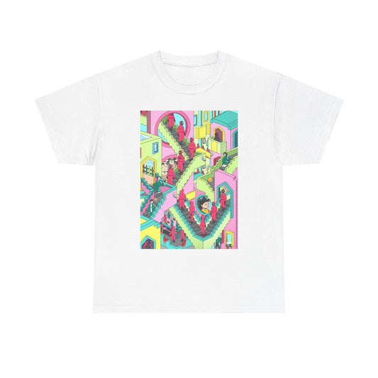 Elegant unisex t-shirt featuring a whimsical and colourful graphic inspired by a surreal setting, perfect for those who appreciate unique fashion statements and modern art aesthetics.