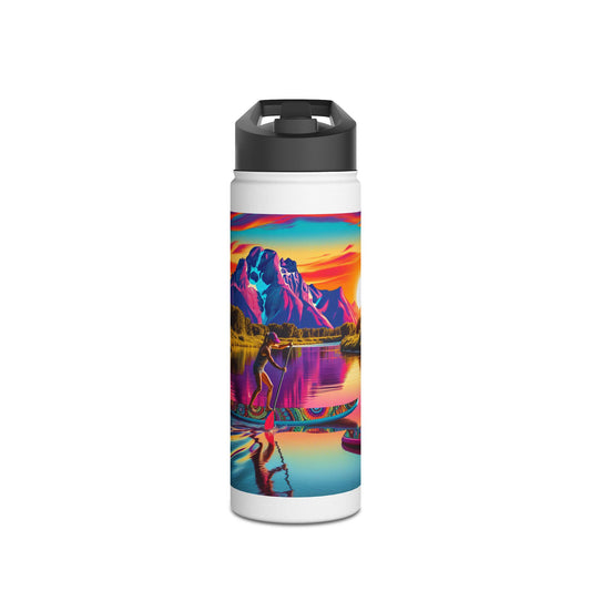 Fantasy Paddleboarding Stainless Steel Water Bottle featuring a vibrant paddleboarding scene with stunning mountain reflections in water.