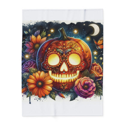 Luxurious Decorative and Warm Halloween Skellington Spooky Arctic Fleece Blanket displaying a stunning skull pumpkin motif embellished with vibrant flora and cosmic elements, perfect for elevating Halloween home decor.