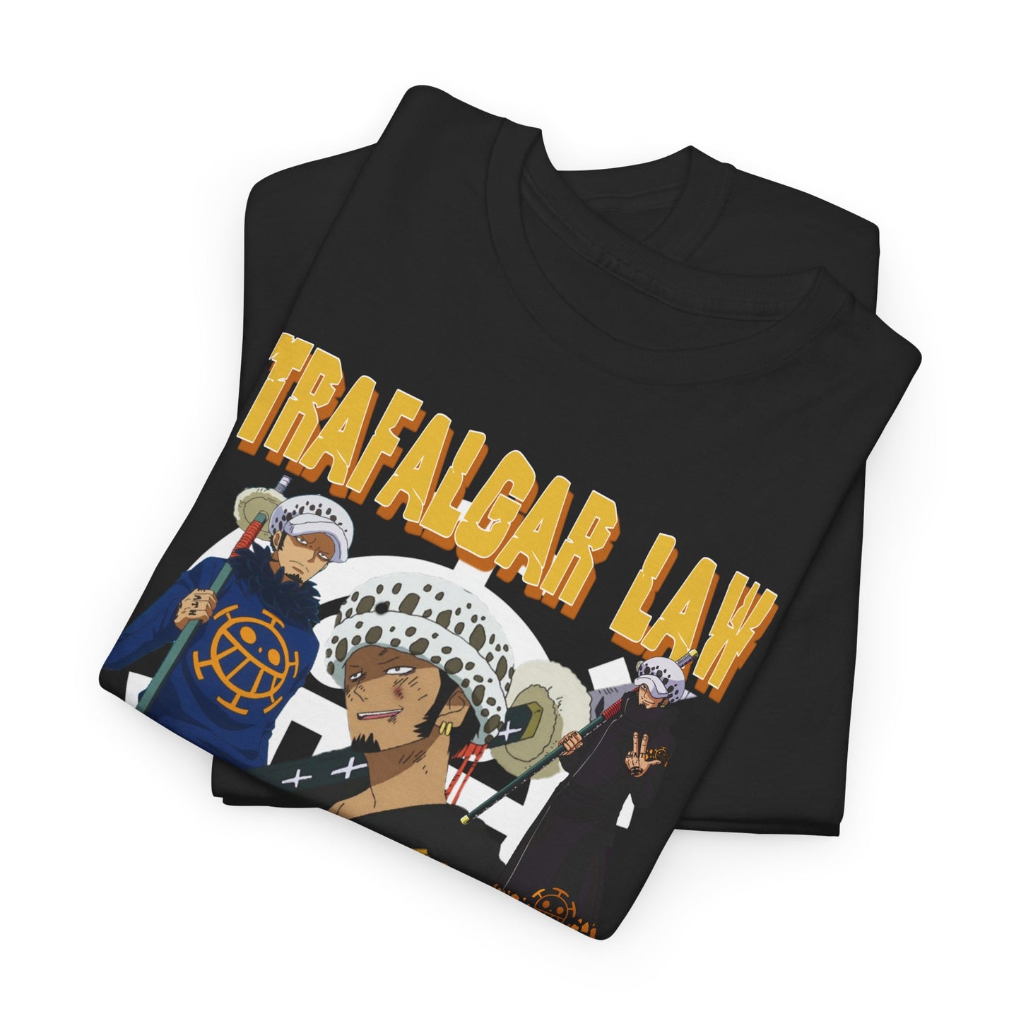 Luxurious black men's t-shirt featuring an elegant graphic of Trafalgar Law from One Piece, with striking design elements that capture the character's bold essence.