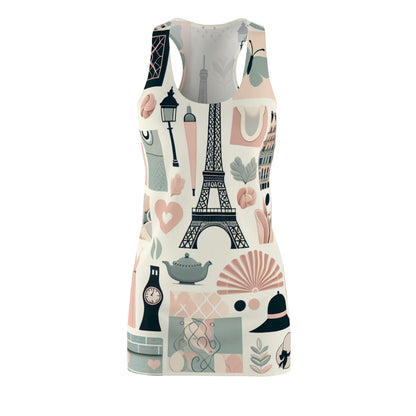 Vivienne Kestrel Racerback Dress by Dazzling Dreams Studio featuring elegant pastel geometric patterns and Parisian motifs such as the Eiffel Tower.