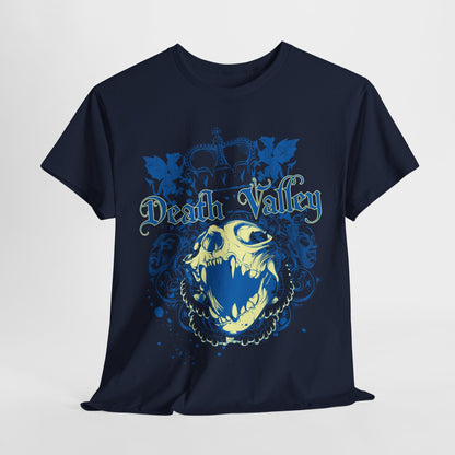 Stylish navy blue t-shirt highlighted against a white backdrop, featuring a captivating 'Death Valley' skull design with ornate detailing and gothic typography.