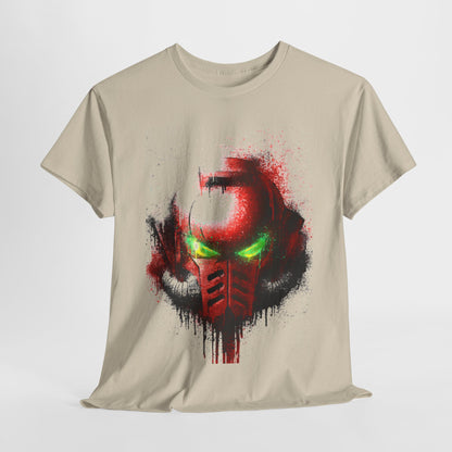 Luxurious beige graphic t-shirt featuring a striking red and green helmet design with splatter art effect, perfect for streetwear and casual outings.