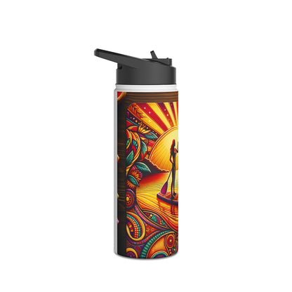 Luxury Fantasy Paddleboarding Stainless Steel Water Bottle featuring vibrant sunset graphics and paddleboarding silhouette, designed for elegance and functionality.