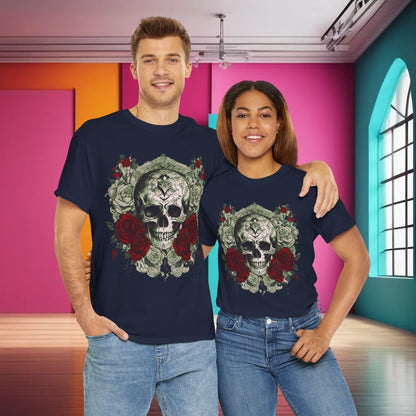 Skulls and Roses Cotton Tee in navy blue, elegantly showcased by a man and woman, featuring a distinct graphic design that merges skulls and roses, a remarkable piece for sophisticated styles.