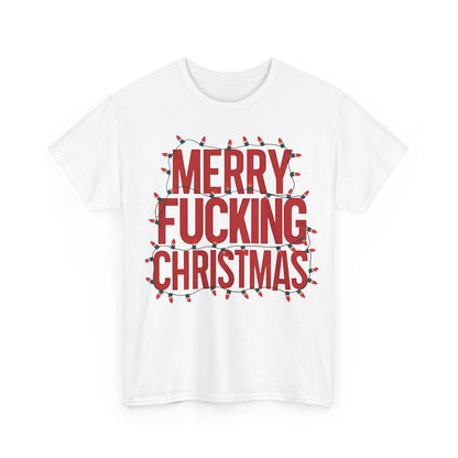 Merry Christmas Graphic T-Shirt Urban Unisex Cotton Tee in white, featuring the bold text 'MERRY FUCKING CHRISTMAS' adorned with festive lights, perfect for the holiday spirit.