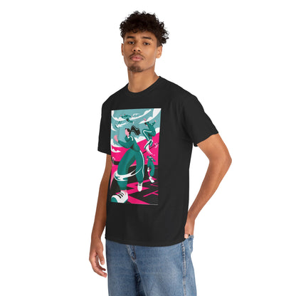 Sleek black T-shirt worn by a stylish man, featuring an eye-catching graphic design, perfect for those who love to make a bold fashion statement.