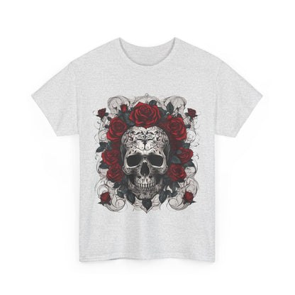 Front view of the Skulls and Roses Cotton Tee featuring a striking steampunk-inspired skull surrounded by elegant roses, crafted for those who appreciate alternative luxury fashion.