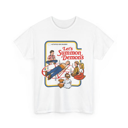 Activities For Children Funny Graphic Unisex T Shirt with an imaginative depiction of kids sitting in a circle, surrounded by candles, playfully invoking their imaginations with the slogan 'Let's Summon Demons', perfect for humorous occasions.