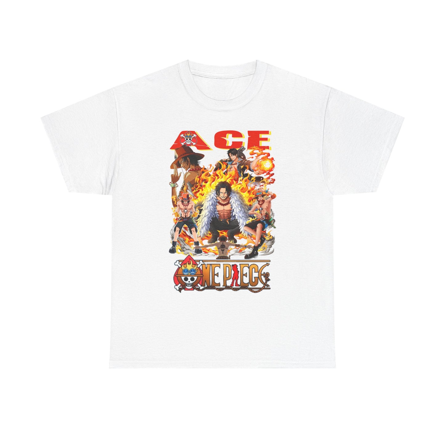 Men's premium white graphic t-shirt showcasing Ace from One Piece, surrounded by vibrant flames and iconic characters, reflecting trendy anime fashion.