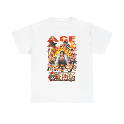 Men's premium white graphic t-shirt showcasing Ace from One Piece, surrounded by vibrant flames and iconic characters, reflecting trendy anime fashion.