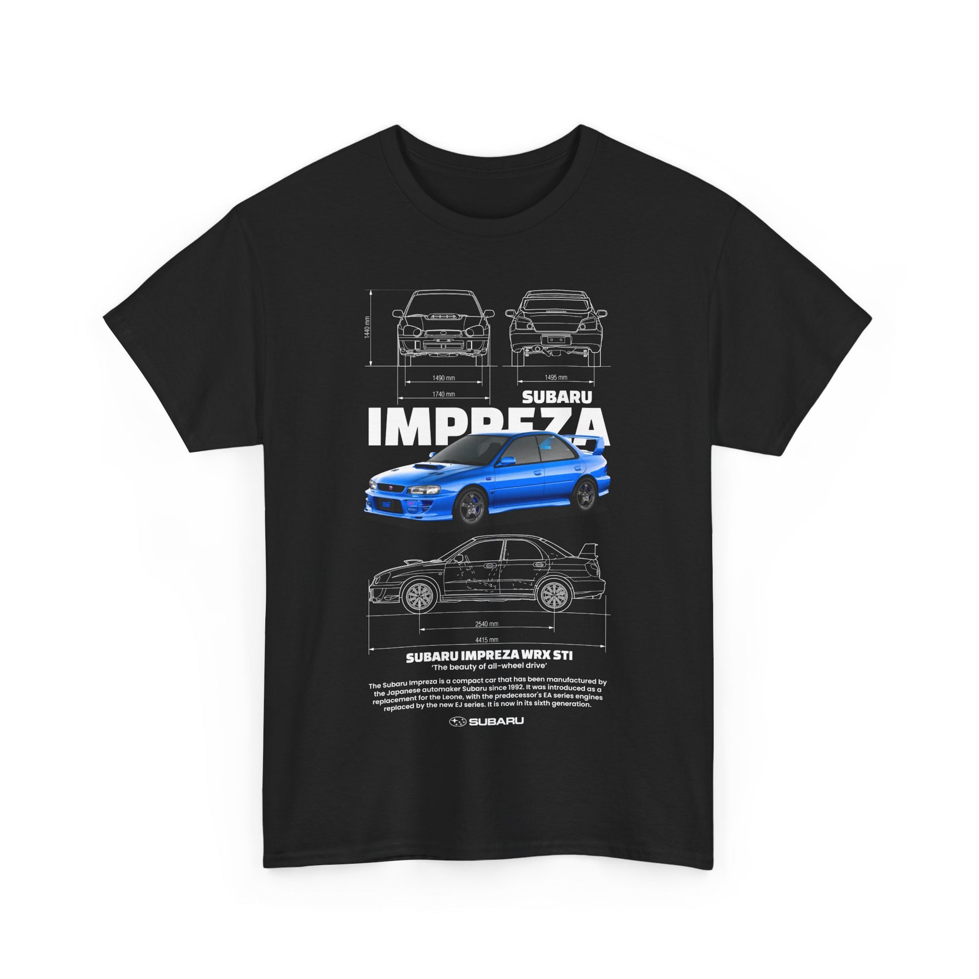 Chic black t-shirt adorned with a detailed graphic of the Subaru Impreza WRX STI, merging luxury and car culture in fashion.