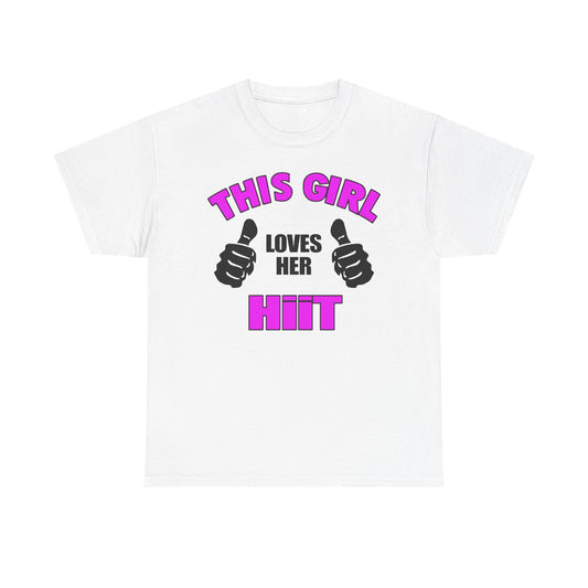 Luxurious white t-shirt featuring vibrant and bold graphic design with the uplifting phrase 'THIS GIRL LOVES HER HIIT', complemented by stylish thumbs-up silhouettes. Perfect for fitness enthusiasts, embodying motivation and empowerment.