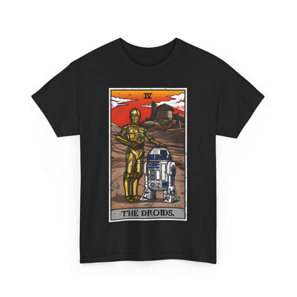 Sleek Droids Tarot Card Graphic T-Shirt emphasising C-3PO and R2-D2, designed for style and comfort, a must-have for Star Wars enthusiasts.