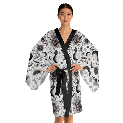 Floral Kimono Robe showcased on a model, embodying luxury and comfort in designer lounge wear, featuring a stunning floral design and flowing bell sleeves.