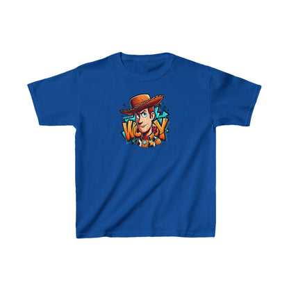 Sophisticated Childs Woody Graffiti Unisex Graphic Tee Shirt in royal blue, featuring a modern Woody graphic with urban flair, ideal for trendy kids.
