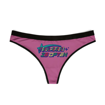 Luxury women's cheeky thong panties in vibrant pink featuring a bold graphic that reads 'MY SEXUAL PREFERENCE IS OFTEN', designed for confident, modern women.
