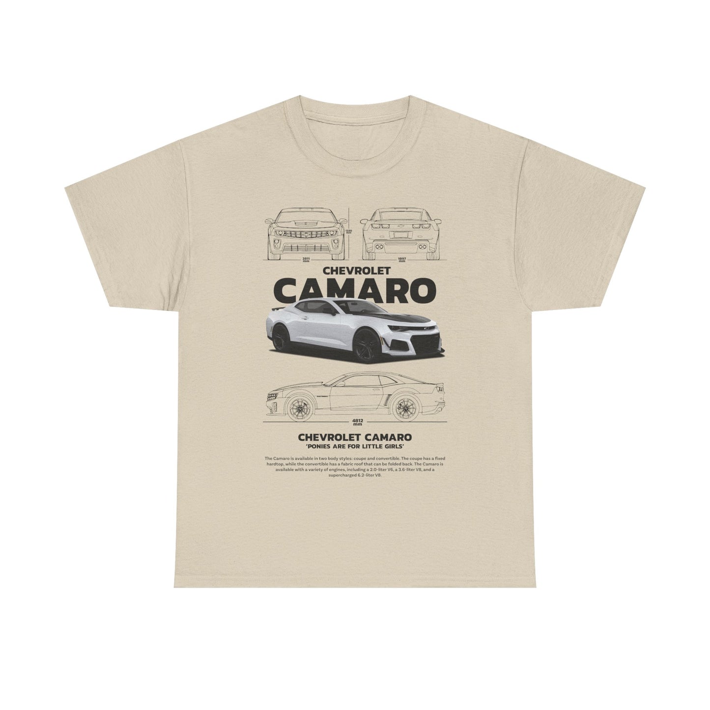 Men's premium Chevrolet Camaro technical drawing t-shirt in beige, highlighting detailed artwork and stylish messaging for automotive lovers.