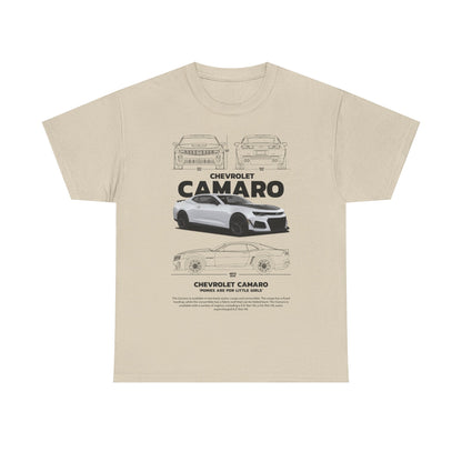 Men's premium Chevrolet Camaro technical drawing t-shirt in beige, highlighting detailed artwork and stylish messaging for automotive lovers.