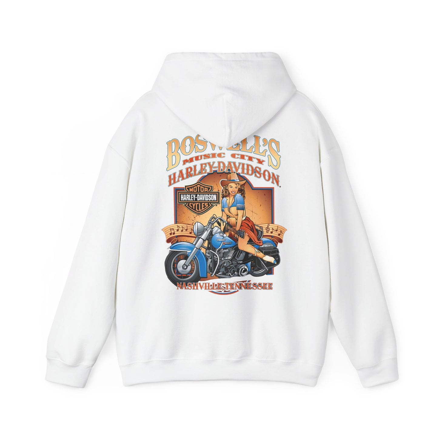 Elegant white hoodie featuring a vintage-inspired illustration of a confident pin-up woman on a classic blue motorcycle, adorned with 'Boswell's Music City' and 'Harley-Davidson' branding, perfect for adding a touch of luxury to any casual outfit.
