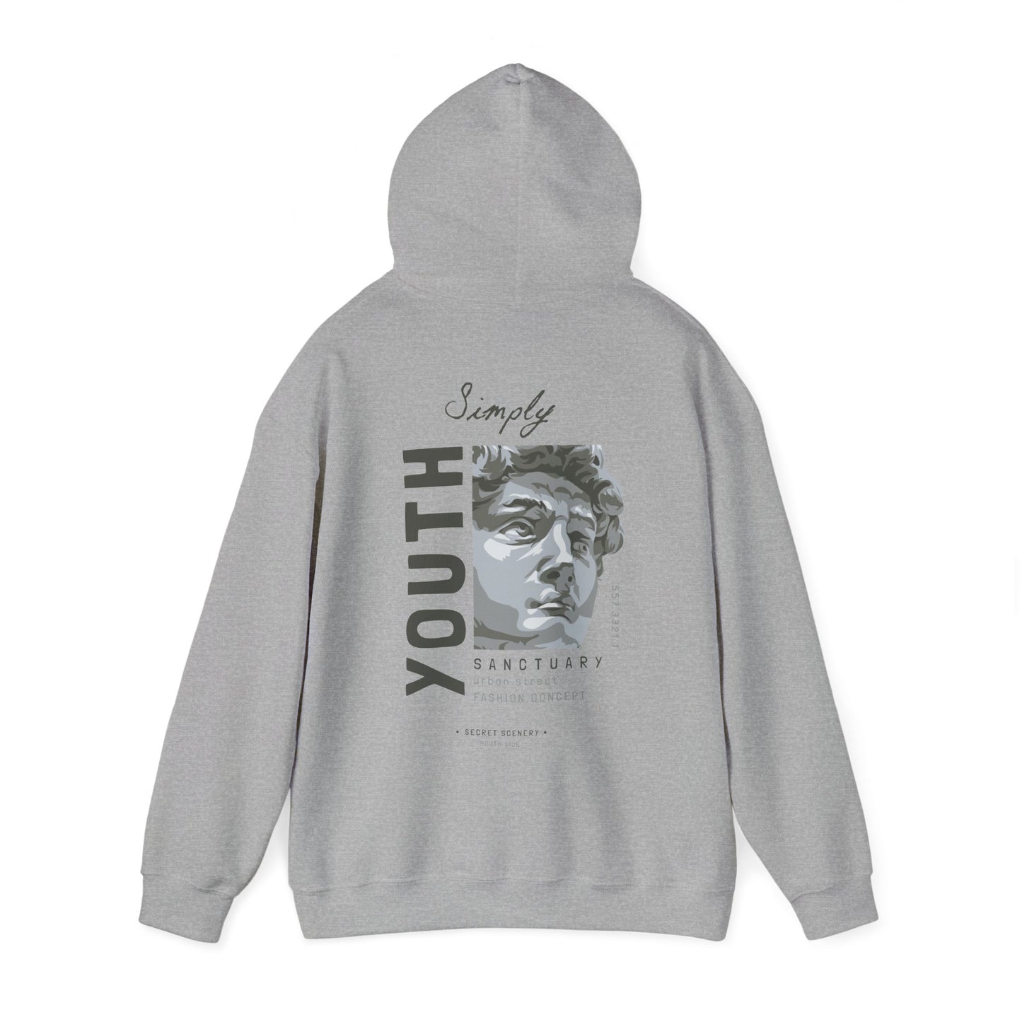 Urban Sanctuary Youth Hoodie in grey with an eye-catching back design, highlighting a sculpted bust and 'YOUTH' text, perfect for a chic urban fashion statement.
