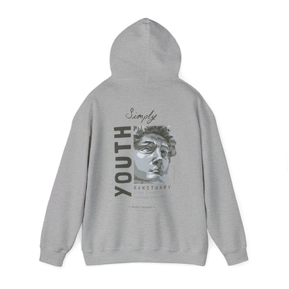 Urban Sanctuary Youth Hoodie in grey with an eye-catching back design, highlighting a sculpted bust and 'YOUTH' text, perfect for a chic urban fashion statement.