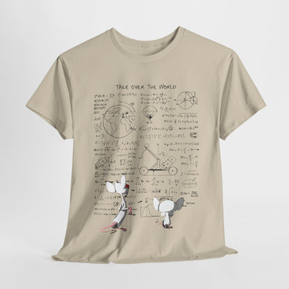 Luxury Pinky And The Brain Graphic T-Shirt in beige featuring whimsical design with mathematical equations and the phrase 'TAKE OVER THE WORLD'.