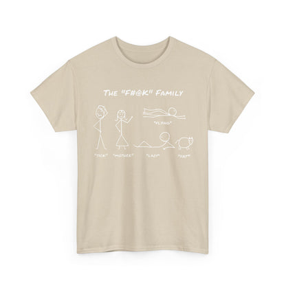 Elegant beige cotton unisex t-shirt showcasing 'The "F#@K" Family' graphic, featuring minimalist stick figure art that humorously expresses family dynamics.