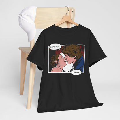 Refined Star Wars I Know Funny Graphic T-Shirt draped on a hanger, featuring a captivating depiction of Han Solo and Princess Leia in a romantic kiss, with the iconic phrases: 'I LOVE YOU... I KNOW...' elegantly presented.