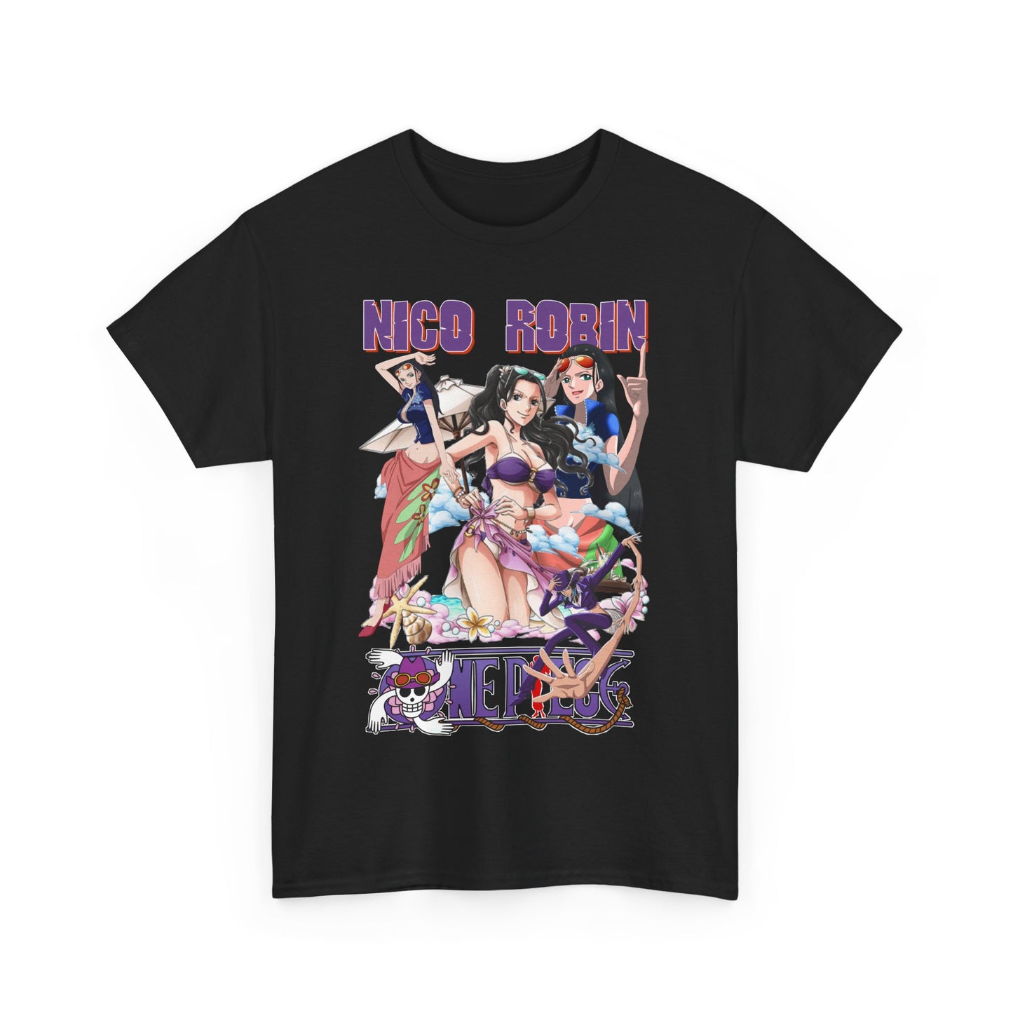 Elegant black t-shirt featuring vibrant anime-inspired artwork of Nico Robin, showcasing three dynamic female characters in stylish beach attire against a whimsical pastel backdrop.