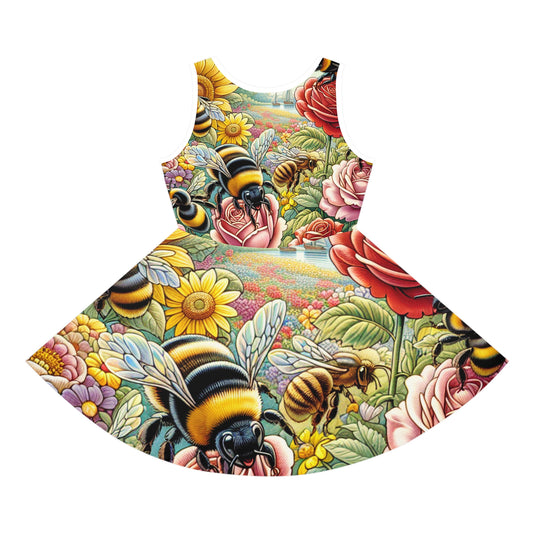 Sophia Childress Girls Summer Sundress adorned with whimsical floral and bumblebee motifs, highlighting lush nature against a bright backdrop, ideal for stylish summer outings.