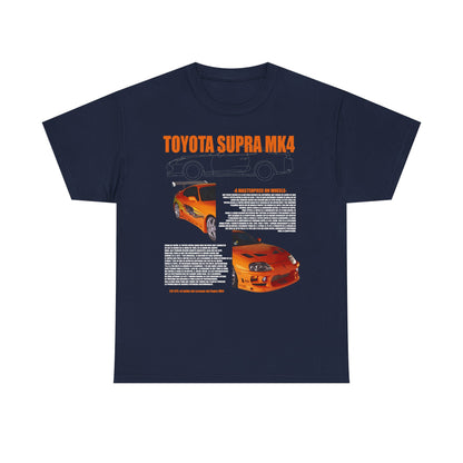 Luxurious Toyota Supra MK4 T-shirt featuring a striking orange graphic design depicting the iconic sports car, set against a navy background, with captivating text highlighting its masterpiece status.
