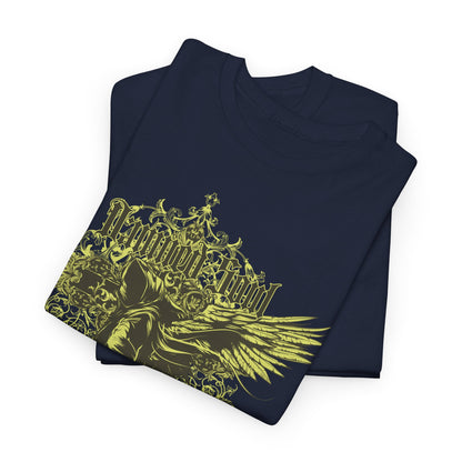 Men's t-shirt featuring a striking Grim Reaper design with intricate floral accents, presented in a luxurious deep navy fabric.